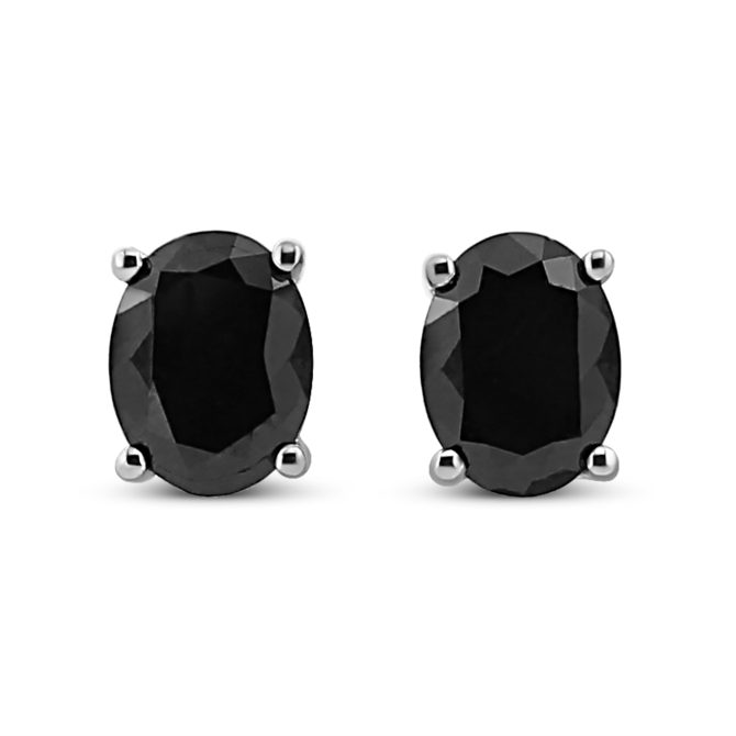 .925 Sterling Silver Prong Set Treated Black Oval Diamond Stud Earring (Black Color, I2-I3 Clarity) - Image 12