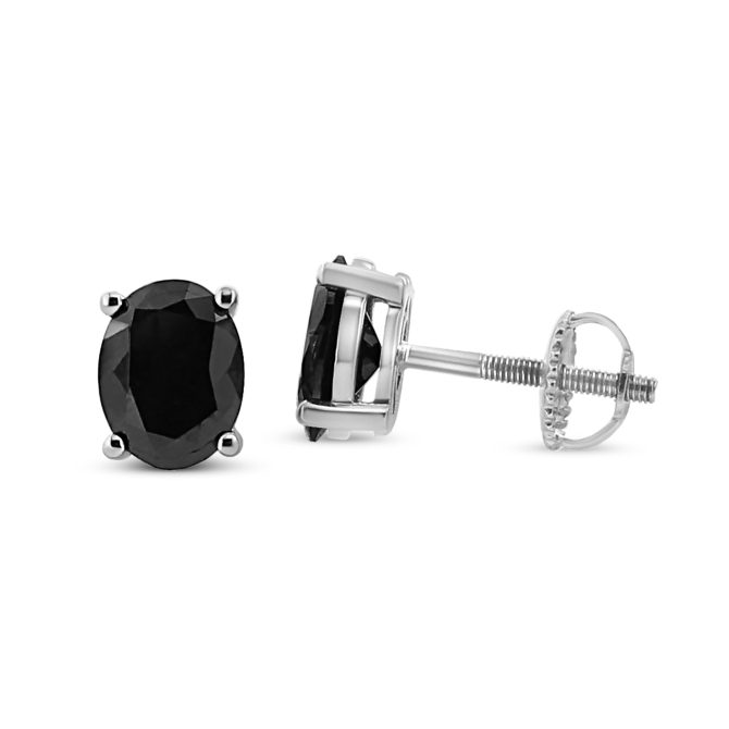 .925 Sterling Silver Prong Set Treated Black Oval Diamond Stud Earring (Black Color, I2-I3 Clarity) - Image 13