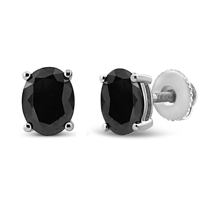 .925 Sterling Silver Prong Set Treated Black Oval Diamond Stud Earring (Black Color, I2-I3 Clarity) - Image 11
