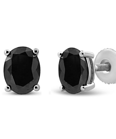 .925 Sterling Silver Prong Set Treated Black Oval Diamond Stud Earring (Black Color, I2-I3 Clarity)