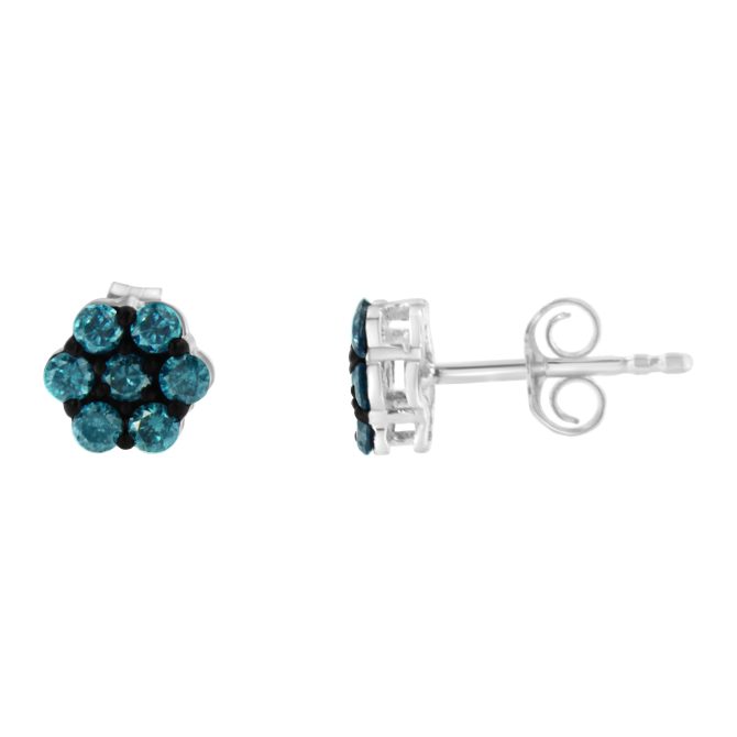 Sterling Silver Treated Blue Diamond Floral Stud Earrings (0.5 cttw, Blue Color, I2-I3 Clarity) - Image 2