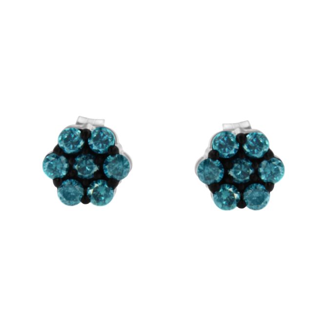 Sterling Silver Treated Blue Diamond Floral Stud Earrings (0.5 cttw, Blue Color, I2-I3 Clarity) - Image 3