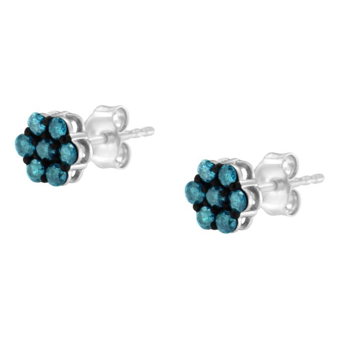 Sterling Silver Treated Blue Diamond Floral Stud Earrings (0.5 cttw, Blue Color, I2-I3 Clarity) - Image 4