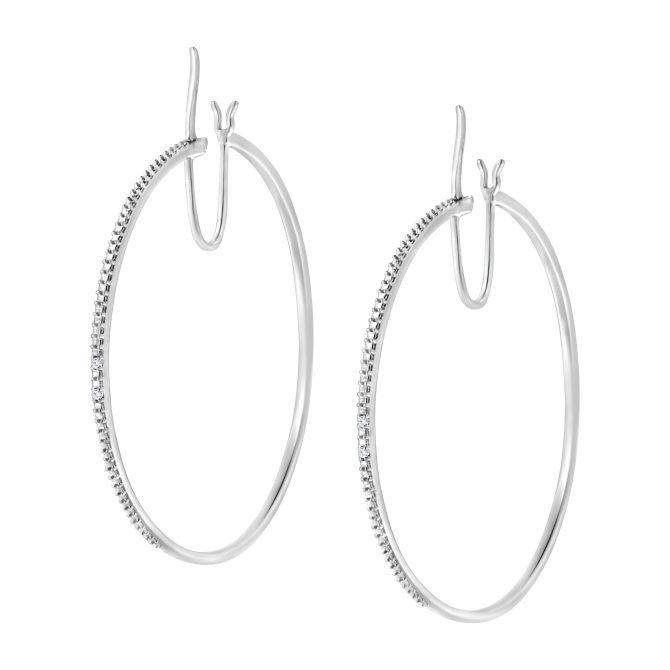 .925 Sterling Silver Diamond Accent Medium Sized Hoops Earrings (I-J Color, I2-I3 Clarity) - Image 3