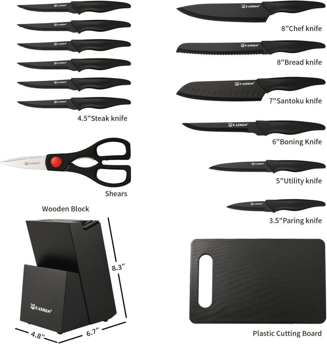 16 Pieces Kitchen Knife Block Set with Cutting Board, German Premium Quality Stainless Steel, Built-in sharpener, Dishwasher Safe, 6 Steak Knives, Anti-slip handle, Black - Image 2