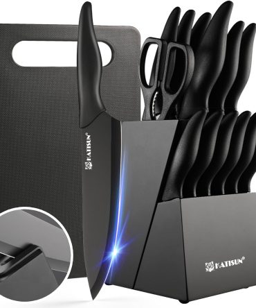 16 Pieces Kitchen Knife Block Set with Cutting Board, German Premium Quality Stainless Steel, Built-in sharpener, Dishwasher Safe, 6 Steak Knives, Anti-slip handle, Black