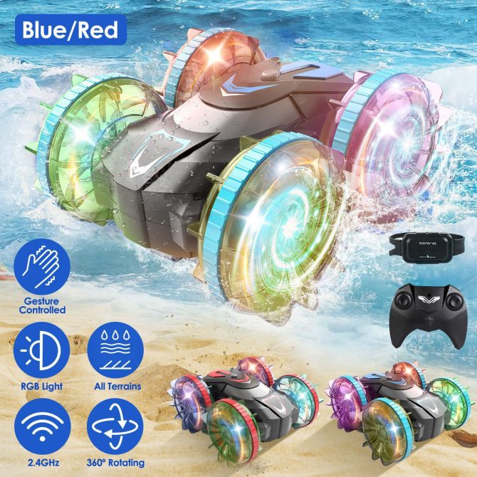 2 In 1 Amphibious RC Car Waterproof Stunt Car with Wrist Controller 4WD 360° Rotating Gesture Car with RGB Lights for Kids Aged 6+ - Image 2