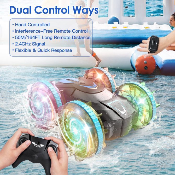 2 In 1 Amphibious RC Car Waterproof Stunt Car with Wrist Controller 4WD 360° Rotating Gesture Car with RGB Lights for Kids Aged 6+ - Image 4