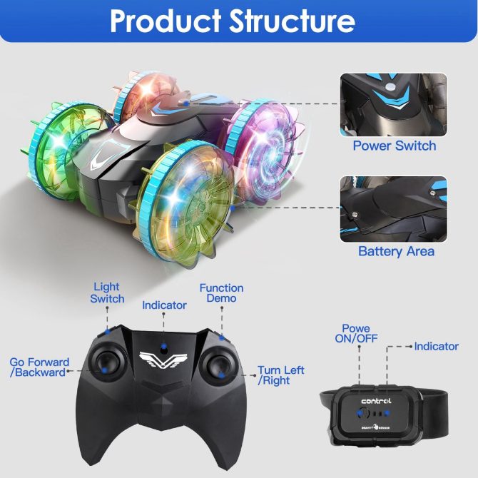 2 In 1 Amphibious RC Car Waterproof Stunt Car with Wrist Controller 4WD 360° Rotating Gesture Car with RGB Lights for Kids Aged 6+ - Image 9