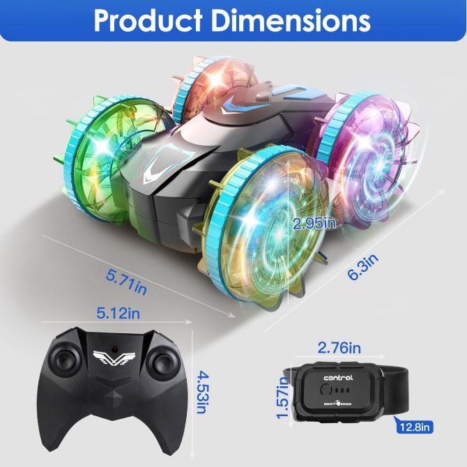 2 In 1 Amphibious RC Car Waterproof Stunt Car with Wrist Controller 4WD 360° Rotating Gesture Car with RGB Lights for Kids Aged 6+ - Image 10