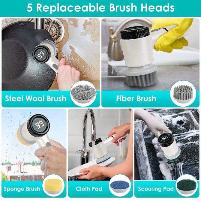 Electric Spin Scrubber Cordless Handheld Rechargeable Cleaning Brush With 5 Replaceable Heads IPX7 Waterproof 3 Speeds Handheld Spin Scrubber For Tub Stove Tile Sink Window - Image 8