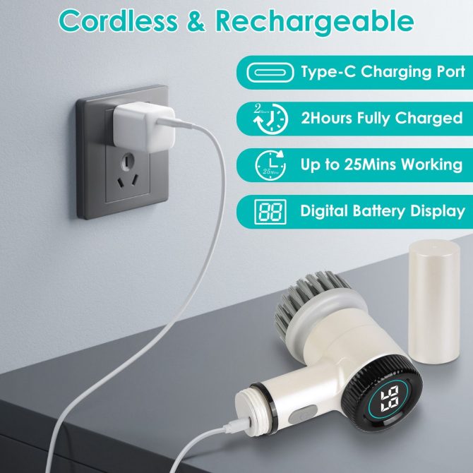 Electric Spin Scrubber Cordless Handheld Rechargeable Cleaning Brush With 5 Replaceable Heads IPX7 Waterproof 3 Speeds Handheld Spin Scrubber For Tub Stove Tile Sink Window - Image 11