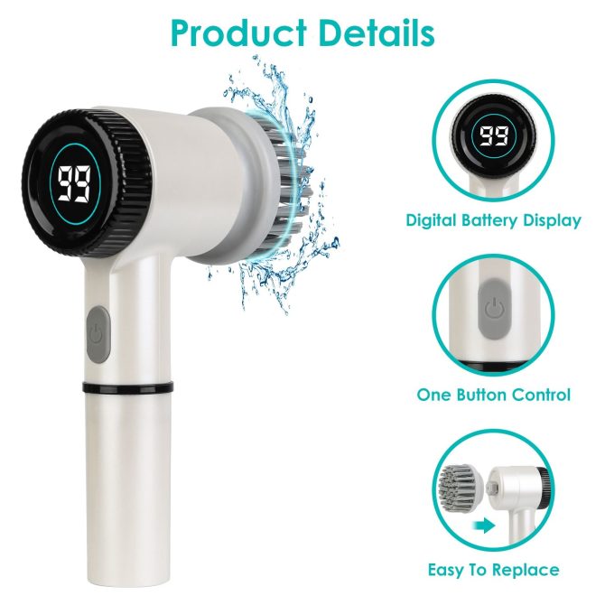 Electric Spin Scrubber Cordless Handheld Rechargeable Cleaning Brush With 5 Replaceable Heads IPX7 Waterproof 3 Speeds Handheld Spin Scrubber For Tub Stove Tile Sink Window - Image 12