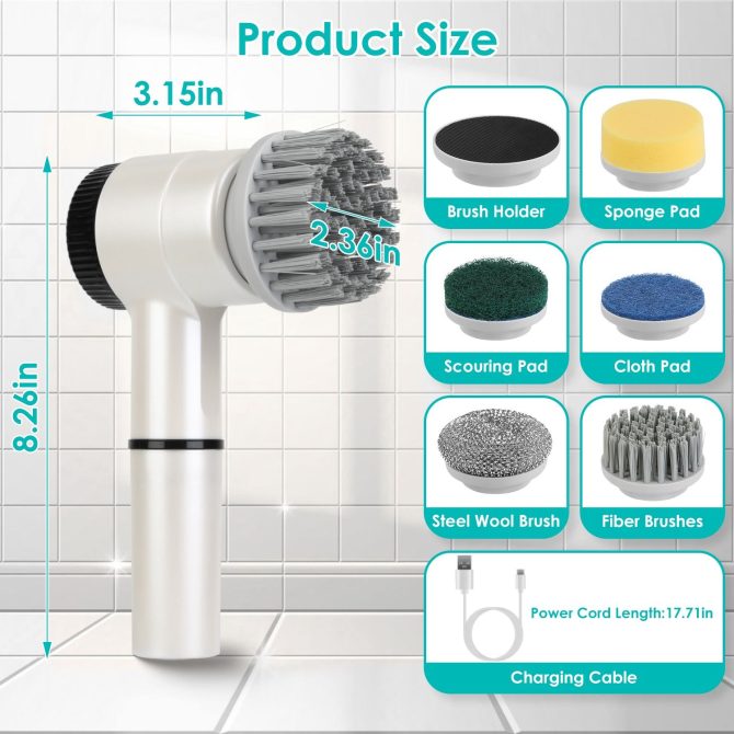 Electric Spin Scrubber Cordless Handheld Rechargeable Cleaning Brush With 5 Replaceable Heads IPX7 Waterproof 3 Speeds Handheld Spin Scrubber For Tub Stove Tile Sink Window - Image 13