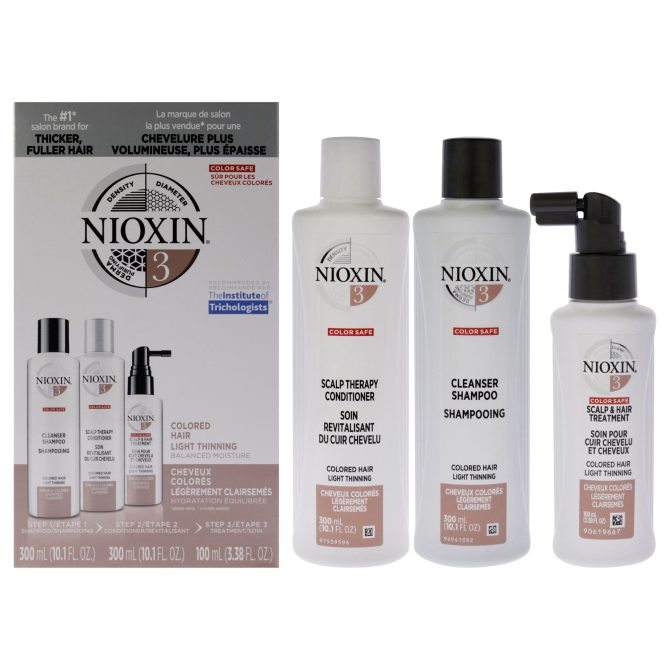 System 3 Kit by Nioxin for Unisex - 3 Pc 10.1oz Color Safe Cleanser Shampoo, 10.1 oz Color Safe Scalp Therapy Conditioner, 3.38oz Color Safe Scalp and Hair Treatment