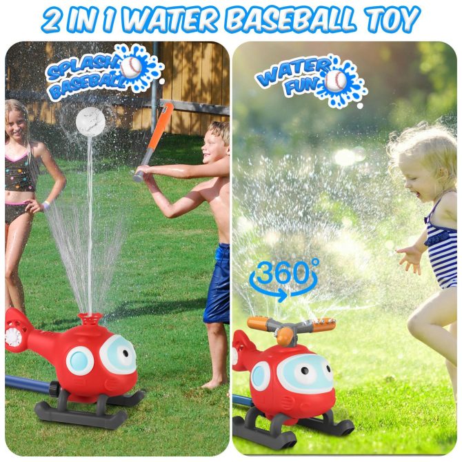 2 In 1 Water Sprinkler Baseball Helicopter Toy for Kids 360°Rotating Water Tee Ball Set for Backyard Lawn Pool Party Outdoor Summer Game for 3+ Years Old - Image 2