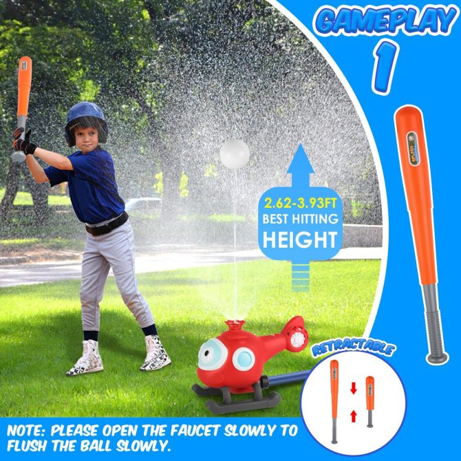 2 In 1 Water Sprinkler Baseball Helicopter Toy for Kids 360°Rotating Water Tee Ball Set for Backyard Lawn Pool Party Outdoor Summer Game for 3+ Years Old - Image 3