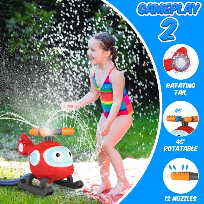 2 In 1 Water Sprinkler Baseball Helicopter Toy for Kids 360°Rotating Water Tee Ball Set for Backyard Lawn Pool Party Outdoor Summer Game for 3+ Years Old - Image 4