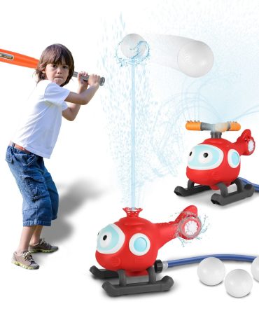 2 In 1 Water Sprinkler Baseball Helicopter Toy for Kids 360°Rotating Water Tee Ball Set for Backyard Lawn Pool Party Outdoor Summer Game for 3+ Years Old