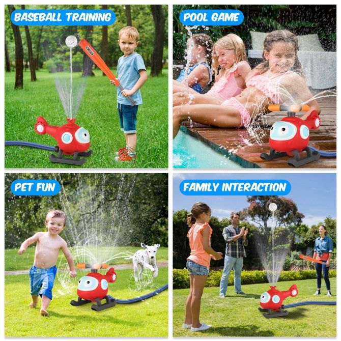 2 In 1 Water Sprinkler Baseball Helicopter Toy for Kids 360°Rotating Water Tee Ball Set for Backyard Lawn Pool Party Outdoor Summer Game for 3+ Years Old - Image 5