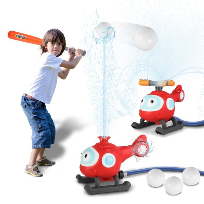 2 In 1 Water Sprinkler Baseball Helicopter Toy for Kids 360°Rotating Water Tee Ball Set for Backyard Lawn Pool Party Outdoor Summer Game for 3+ Years Old