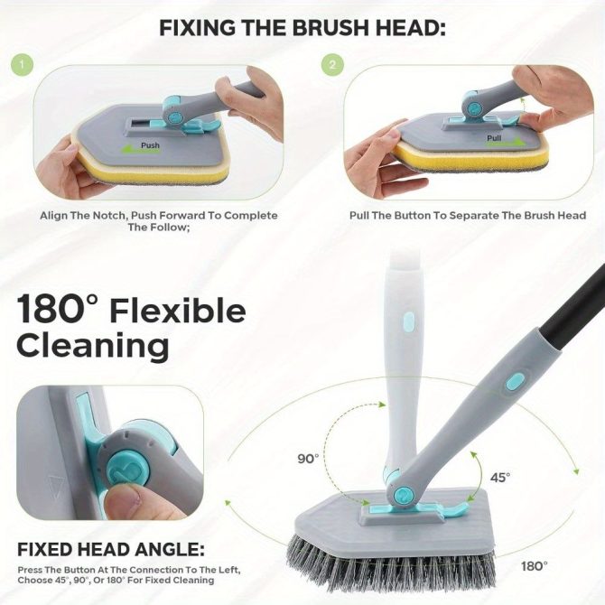 3 in 1 Shower Cleaning Brush - 180° Rotatable Bathroom Cleaning Brush with 50 inch Long Handle, Scrubber Brush Cleaner Tool for Shower Bathtub Tile Wall Floor Cleaning (Include 4 Brush Heads) - Image 15