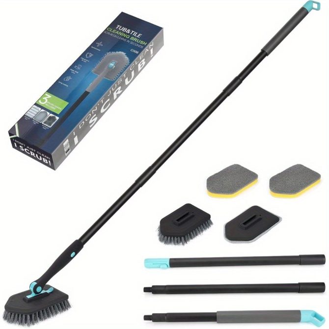 3 in 1 Shower Cleaning Brush - 180° Rotatable Bathroom Cleaning Brush with 50 inch Long Handle, Scrubber Brush Cleaner Tool for Shower Bathtub Tile Wall Floor Cleaning (Include 4 Brush Heads) - Image 14
