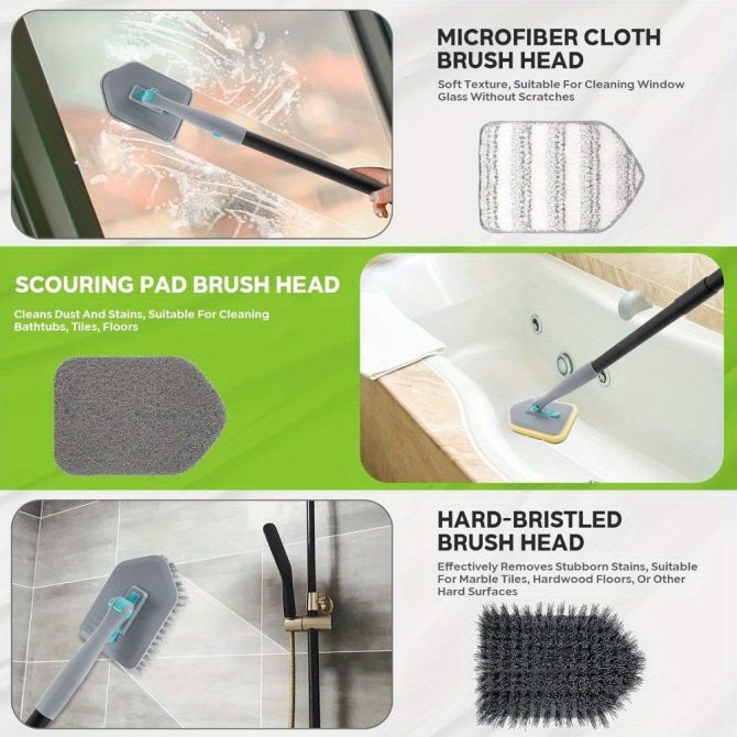 3 in 1 Shower Cleaning Brush - 180° Rotatable Bathroom Cleaning Brush with 50 inch Long Handle, Scrubber Brush Cleaner Tool for Shower Bathtub Tile Wall Floor Cleaning (Include 4 Brush Heads) - Image 2
