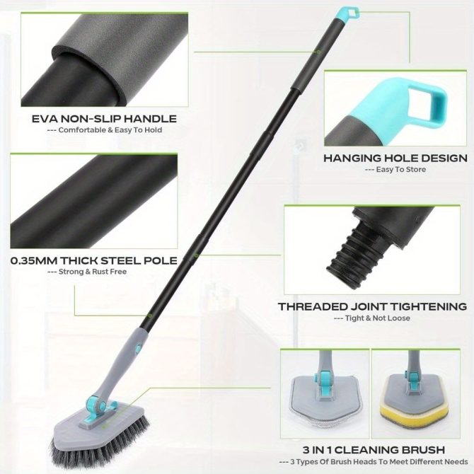 3 in 1 Shower Cleaning Brush - 180° Rotatable Bathroom Cleaning Brush with 50 inch Long Handle, Scrubber Brush Cleaner Tool for Shower Bathtub Tile Wall Floor Cleaning (Include 4 Brush Heads) - Image 4