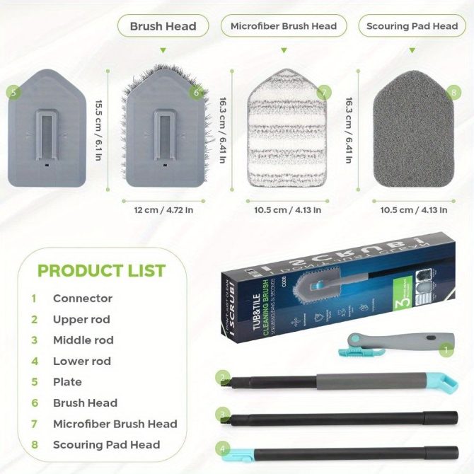 3 in 1 Shower Cleaning Brush - 180° Rotatable Bathroom Cleaning Brush with 50 inch Long Handle, Scrubber Brush Cleaner Tool for Shower Bathtub Tile Wall Floor Cleaning (Include 4 Brush Heads) - Image 5