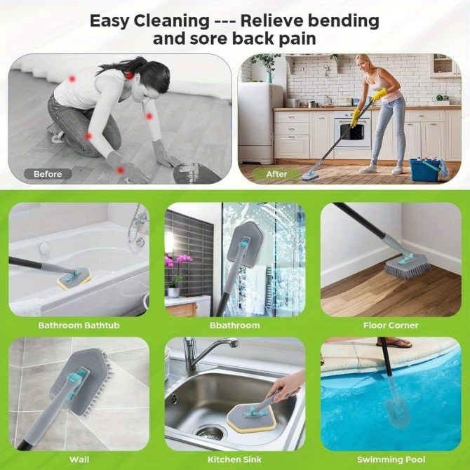 3 in 1 Shower Cleaning Brush - 180° Rotatable Bathroom Cleaning Brush with 50 inch Long Handle, Scrubber Brush Cleaner Tool for Shower Bathtub Tile Wall Floor Cleaning (Include 4 Brush Heads) - Image 6