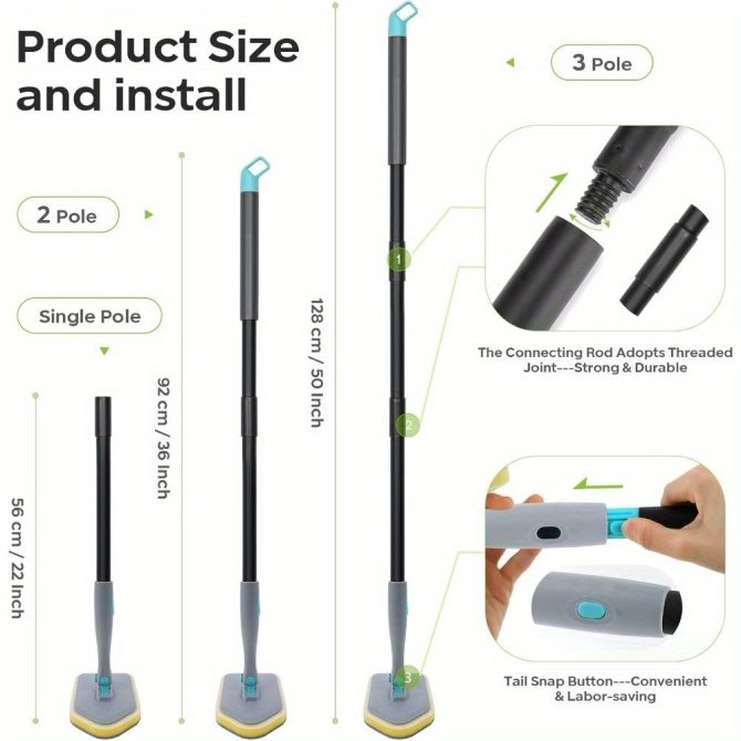 3 in 1 Shower Cleaning Brush - 180° Rotatable Bathroom Cleaning Brush with 50 inch Long Handle, Scrubber Brush Cleaner Tool for Shower Bathtub Tile Wall Floor Cleaning (Include 4 Brush Heads) - Image 7