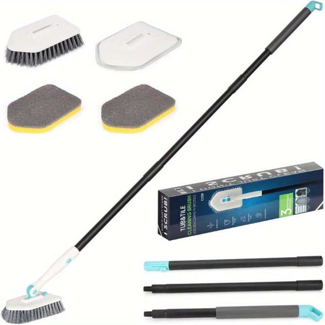 3 in 1 Shower Cleaning Brush - 180° Rotatable Bathroom Cleaning Brush with 50 inch Long Handle, Scrubber Brush Cleaner Tool for Shower Bathtub Tile Wall Floor Cleaning (Include 4 Brush Heads) - Image 8