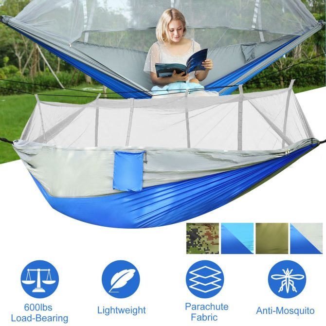 Camping Hammock with Mosquito Net, Portable Double Hammock Tent Load Two People with 2 Straps, Best for Outdoor Garden Hiking Travel - Image 2