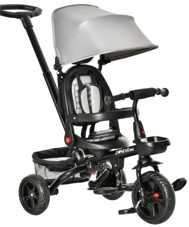 Baby Tricycle 4 In 1 Trike w/ Reversible Angle Adjustable Seat Removable Handle Canopy Handrail Belt Storage Footrest Brake Clutch for 1-5 Years Old Grey