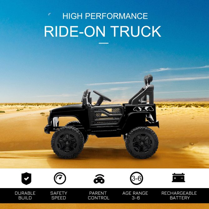 12V Kids Ride On Truck with Parent Remote Control, Electric Battery Powered Toy Car with Spring Suspension, Adjustable Speed, LED Lights and Horn, Black - Image 4