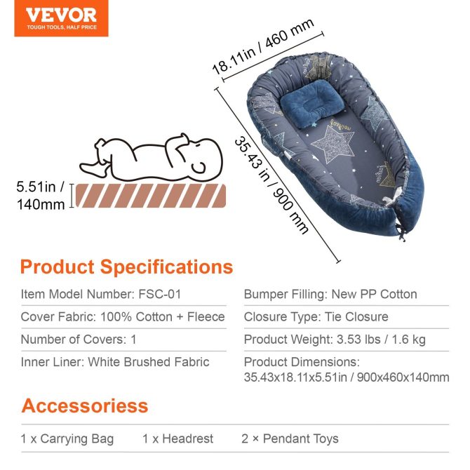 VEVOR Baby Infant Lounger 100% Cotton Soft Newborn Nest Sleeper with Headrest - Image 7