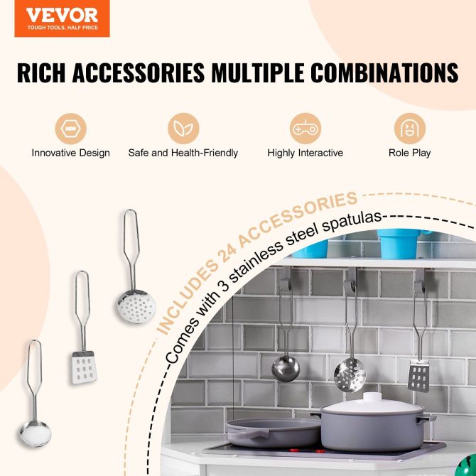 Christmas Gift! VEVOR Kitchen Playset Kids Pretend Cooking Play Toy 24 Piece Accessories White - Image 2