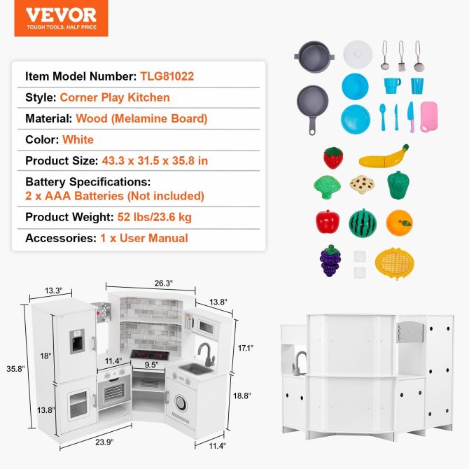 Christmas Gift! VEVOR Kitchen Playset Kids Pretend Cooking Play Toy 24 Piece Accessories White - Image 7