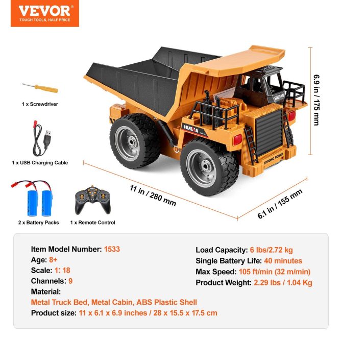 Christmas Gift! VEVOR RC Remote Control Dump Truck Toy Construction Vehicle Toy 9CH 1:18 Scale - Image 7