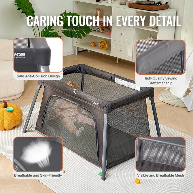 VEVOR Baby Travel Crib Play Yard Folding Baby Toddler Playpen with Zipper Gate - Image 5