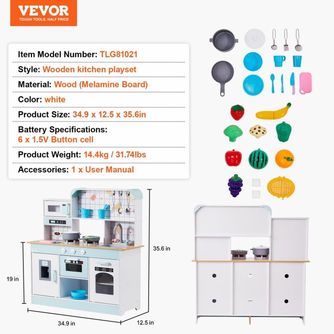 Christmas Gift! VEVOR Kitchen Playset Kids Pretend Cooking Play Toy 24 Piece Accessories White - Image 7