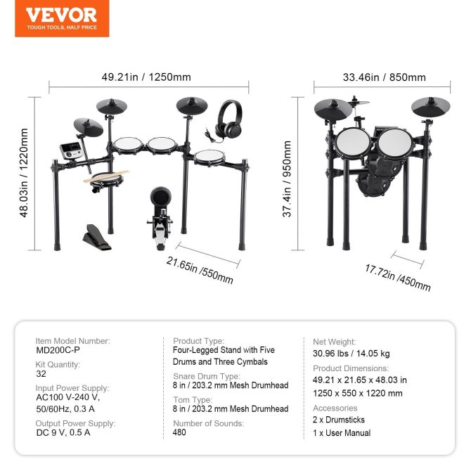 VEVOR Electric Drum Set Electronic Drum Kit 480 Sounds for Beginners & Adults - Image 7