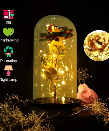 Foil Rose LED String Light Rose Fairy Lamp w/ Glass Dome For Valentines' Day