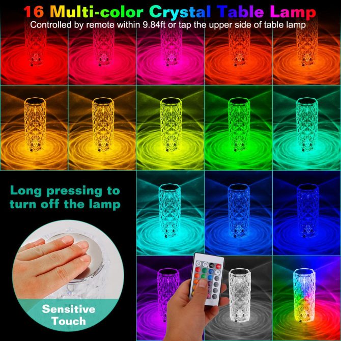 Crystal Diamond Rose Table Lamp Dimmable Remote Touch Control Night Light - Image 5