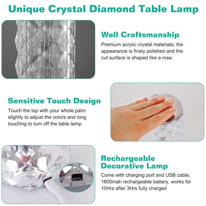 Crystal Diamond Rose Table Lamp Dimmable Remote Touch Control Night Light - Image 7