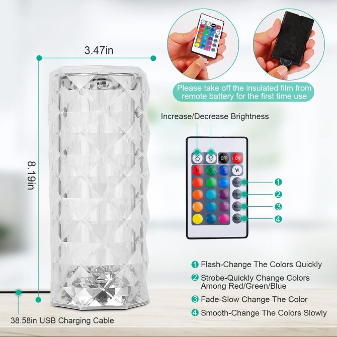 Crystal Diamond Rose Table Lamp Dimmable Remote Touch Control Night Light - Image 8