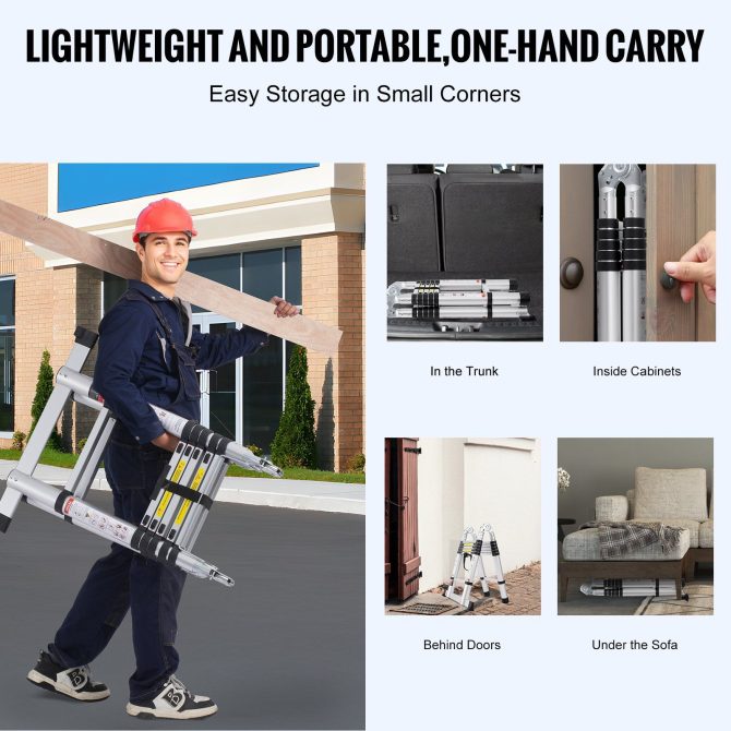Telescoping Extension Ladder 12.5FT A-Shape w/ Stabilizer Bar for RV - Image 5
