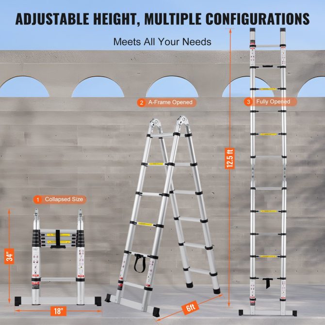 Telescoping Extension Ladder 12.5FT A-Shape w/ Stabilizer Bar for RV - Image 6