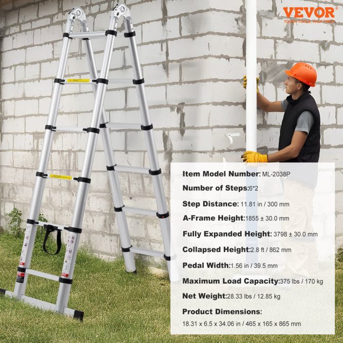 Telescoping Extension Ladder 12.5FT A-Shape w/ Stabilizer Bar for RV - Image 7